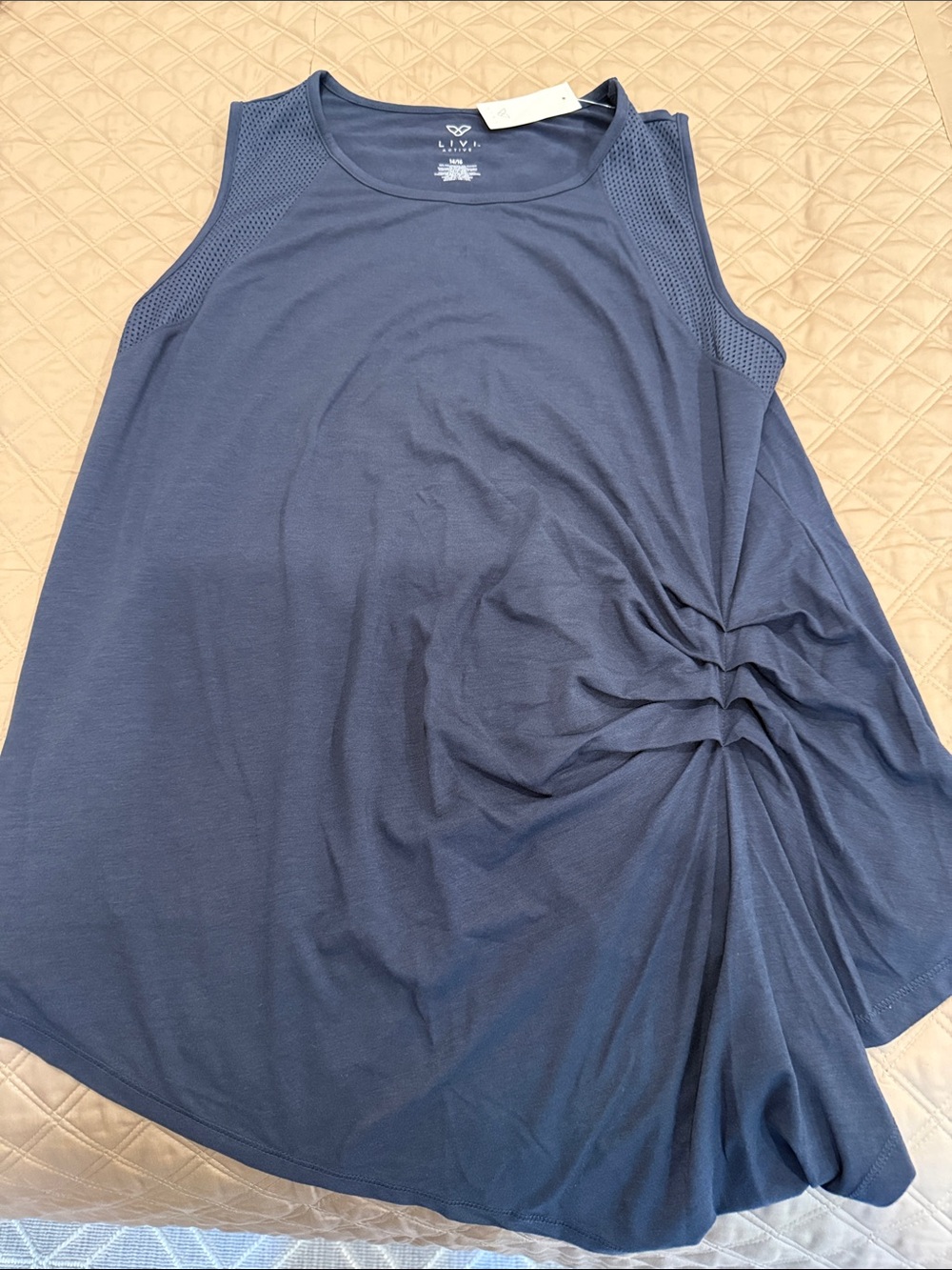 Livi Active Navy Ruched Twist-Detail Mesh Shoulder Tank